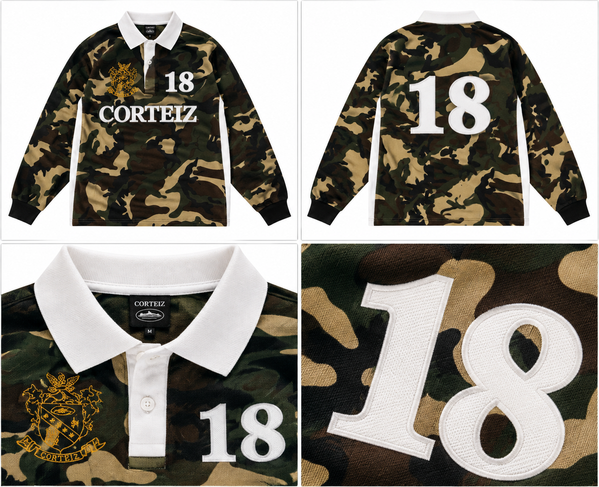 Corteiz Panelled Rugby Polo – Woodland Camo